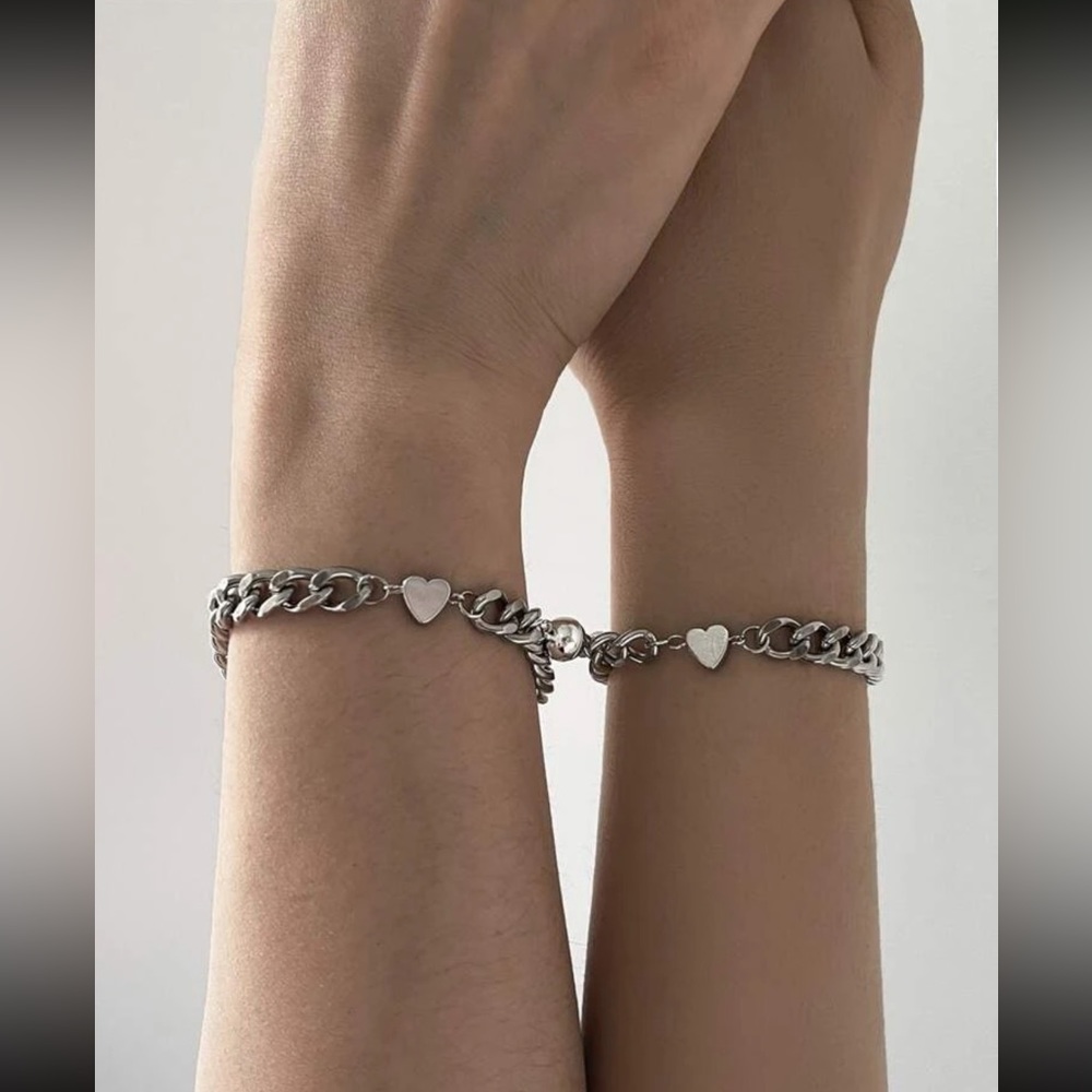 ❤️ Awesome Cuban Chain Magnetic Metallic Love Heart Couple Bracelet Set 💜